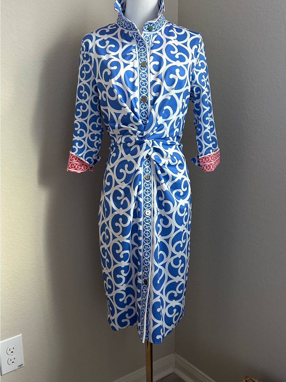 Blue and White Printed Twist-Front Shirt Dress with Peach Cuff Accent